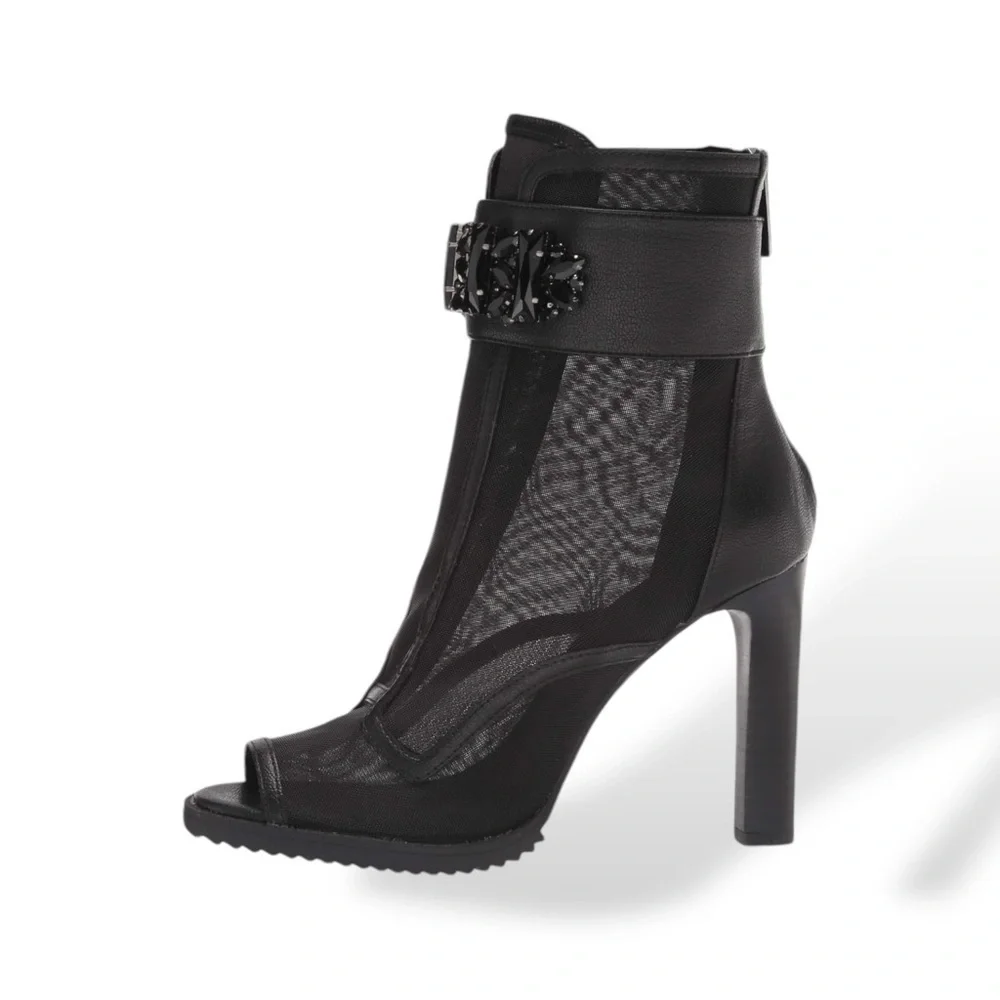 Karl Lagerfeld Black Peep-Toe Ankle Booties with Embellished Strap